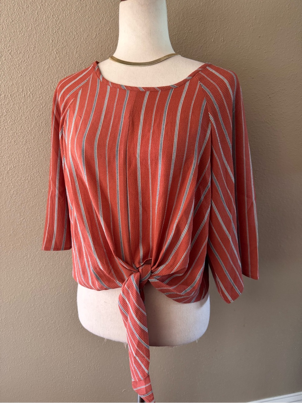 Striped Rust Tie-Front Blouse - Picture 8 of 12